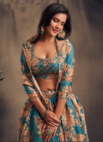 Teal Blue Floral Embroidered Organza Wedding Wear Lehenga Choli